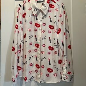 INC International Concepts White Blouse with Red and Black Print